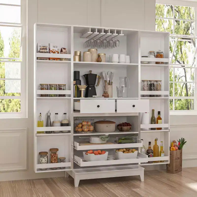 White Woodgrain Finish Kitchen Cabinets With Cup Holder Multi-Storage Space
