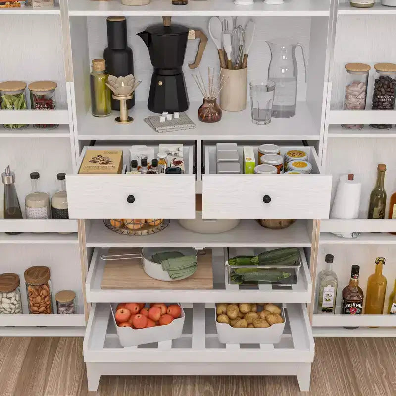 White Woodgrain Finish Kitchen Cabinets With Cup Holder Multi-Storage Space