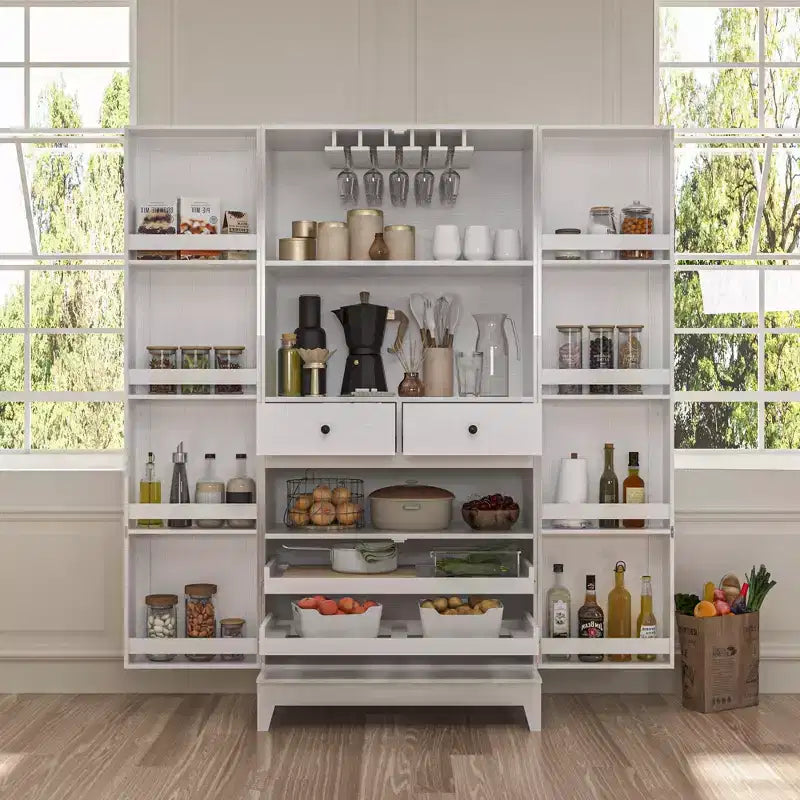 White Woodgrain Finish Kitchen Cabinets With Cup Holder Multi-Storage Space