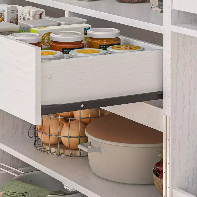 White Woodgrain Finish Kitchen Cabinets With Cup Holder Multi-Storage Space