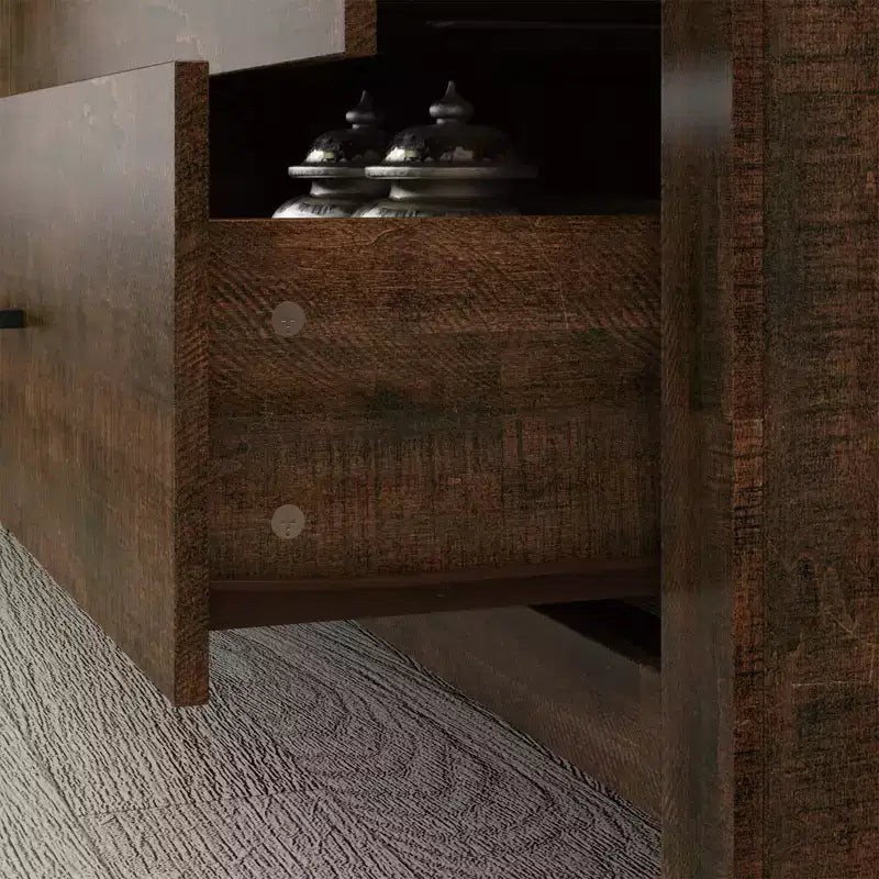 6 Drawer Horizontal Dresser Woodgrain and Black Handles for Living Room Storage