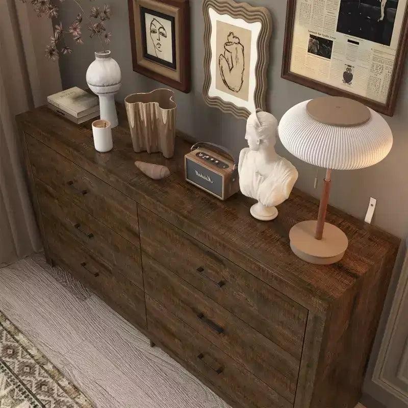 6 Drawer Horizontal Dresser Woodgrain and Black Handles for Living Room Storage