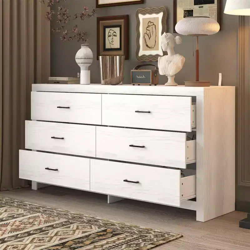 6 Drawer Horizontal Dresser Woodgrain and Black Handles for Living Room Storage