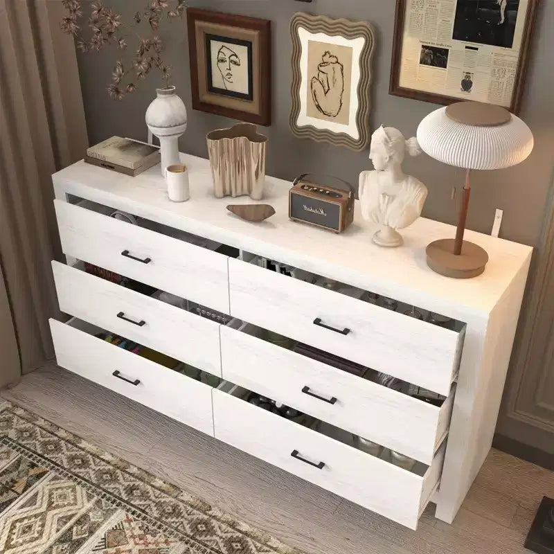 6 Drawer Horizontal Dresser Woodgrain and Black Handles for Living Room Storage