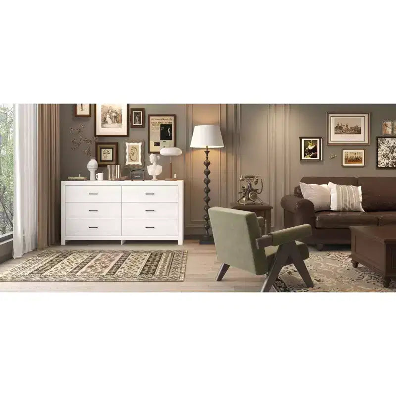 6 Drawer Horizontal Dresser Woodgrain and Black Handles for Living Room Storage