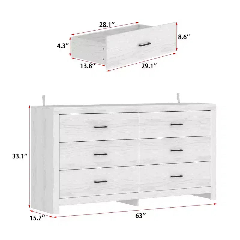 6 Drawer Horizontal Dresser Woodgrain and Black Handles for Living Room Storage
