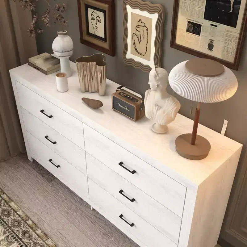 6 Drawer Horizontal Dresser Woodgrain and Black Handles for Living Room Storage