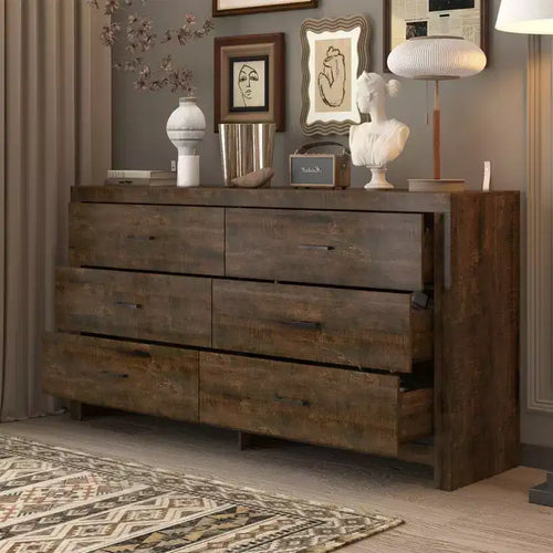 6 Drawer Horizontal Dresser Woodgrain and Black Handles for Living Room Storage