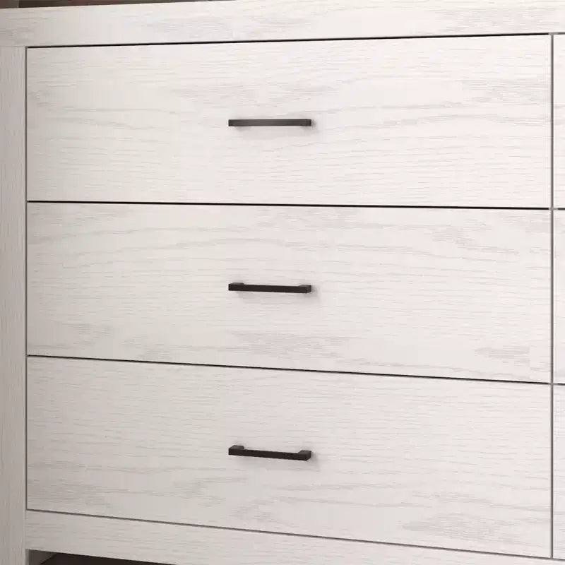 6 Drawer Horizontal Dresser Woodgrain and Black Handles for Living Room Storage