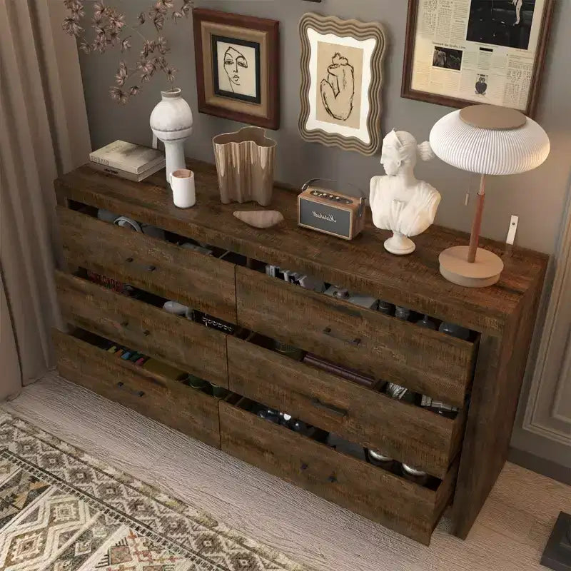 6 Drawer Horizontal Dresser Woodgrain and Black Handles for Living Room Storage
