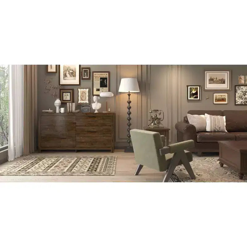 6 Drawer Horizontal Dresser Woodgrain and Black Handles for Living Room Storage