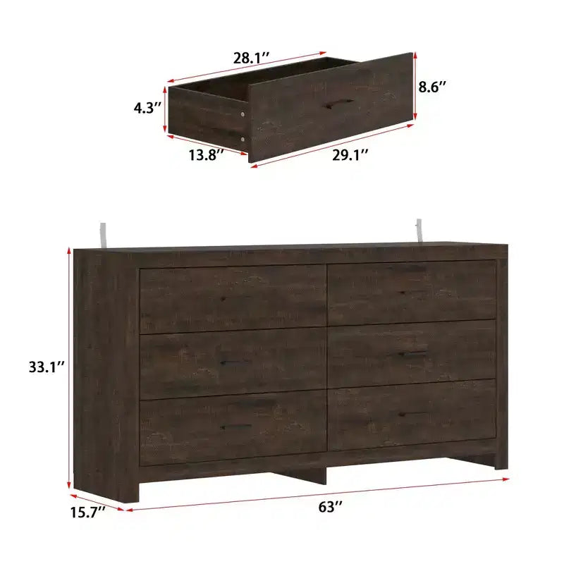 6 Drawer Horizontal Dresser Woodgrain and Black Handles for Living Room Storage