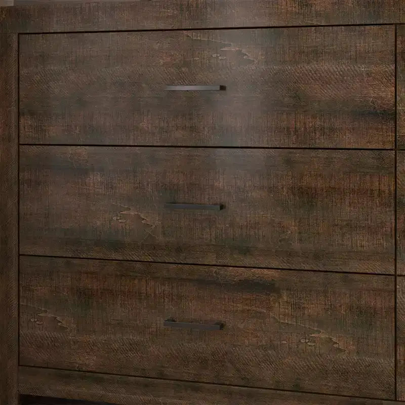 6 Drawer Horizontal Dresser Woodgrain and Black Handles for Living Room Storage