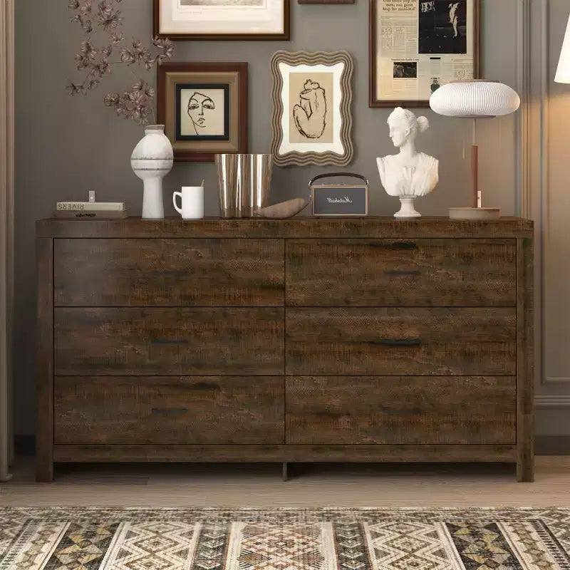 6 Drawer Horizontal Dresser Woodgrain and Black Handles for Living Room Storage