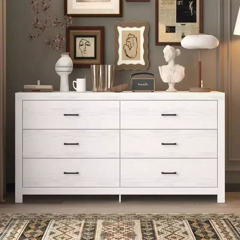 Hitow 6 Drawer Horizontal Dresser Woodgrain and Black Handles for Living Room Storage