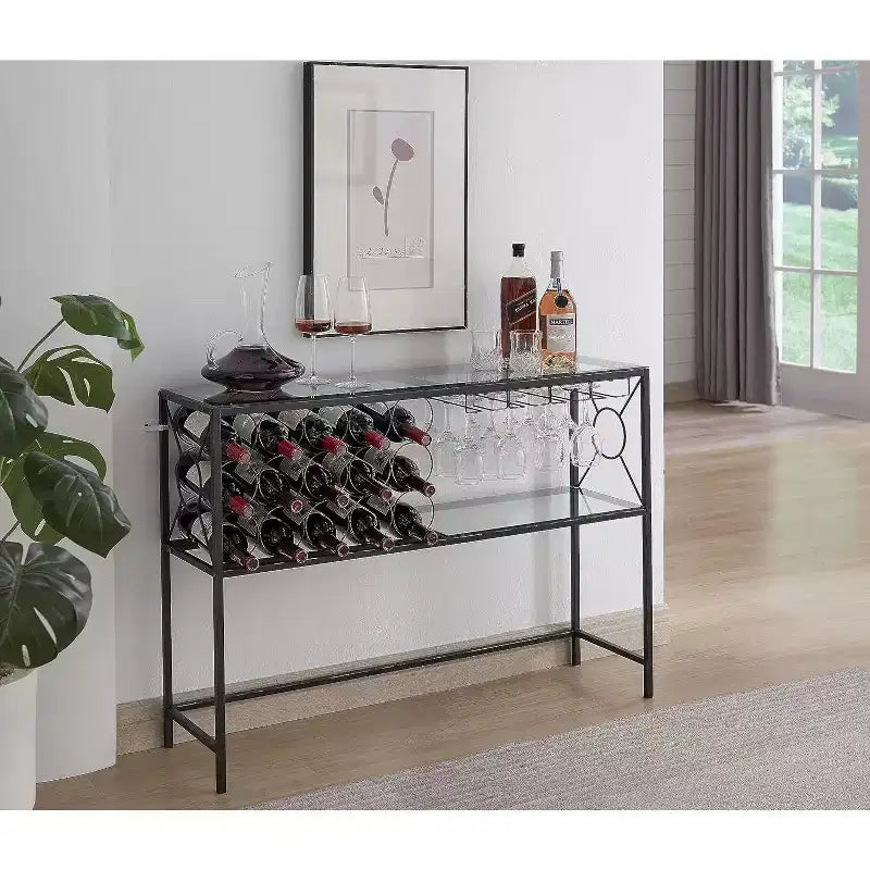 Kings Brand Furniture - Console Sofa Table with Wine Rack Storage, Wine Bar Cabinet with Wine Shelf and Glass Holder, Bronze/Glass