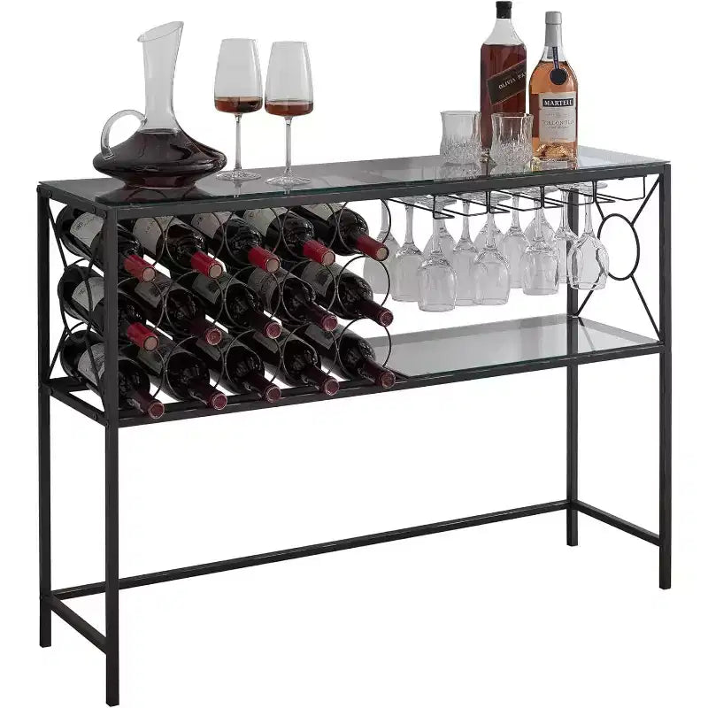 Console Sofa Table with Wine Rack Storage, Wine Bar Cabinet with Wine Shelf and Glass Holder, Bronze/Glass