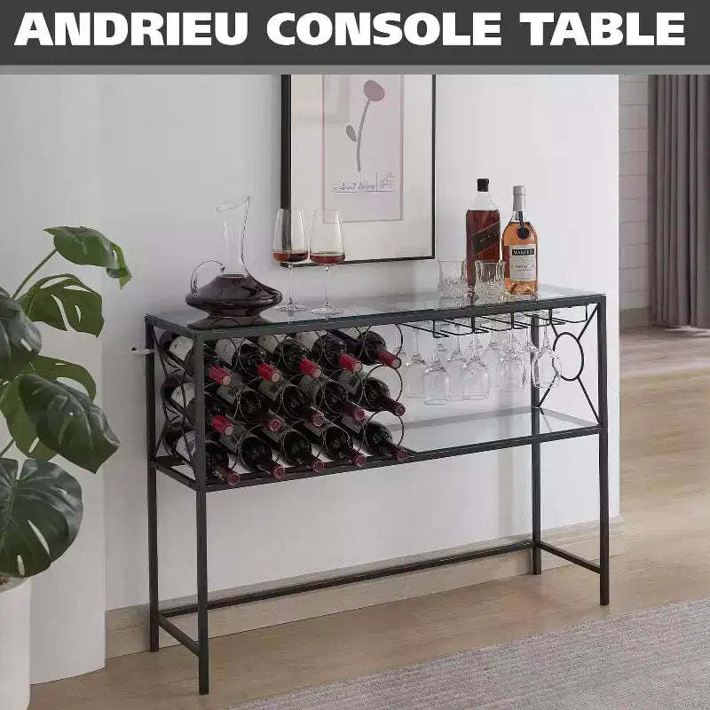 Console Sofa Table with Wine Rack Storage, Wine Bar Cabinet with Wine Shelf and Glass Holder, Bronze/Glass