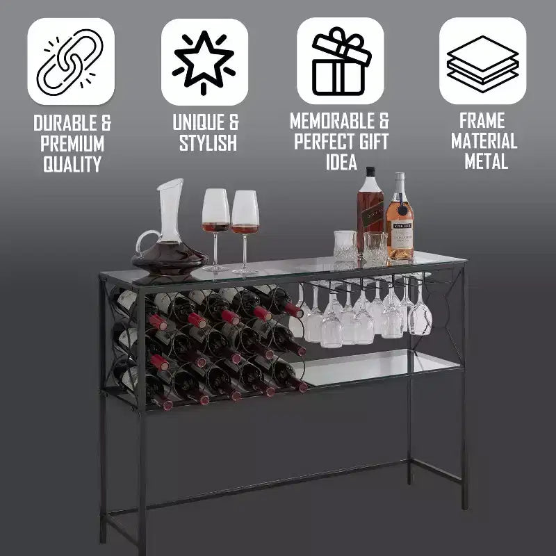 Console Sofa Table with Wine Rack Storage, Wine Bar Cabinet with Wine Shelf and Glass Holder, Bronze/Glass