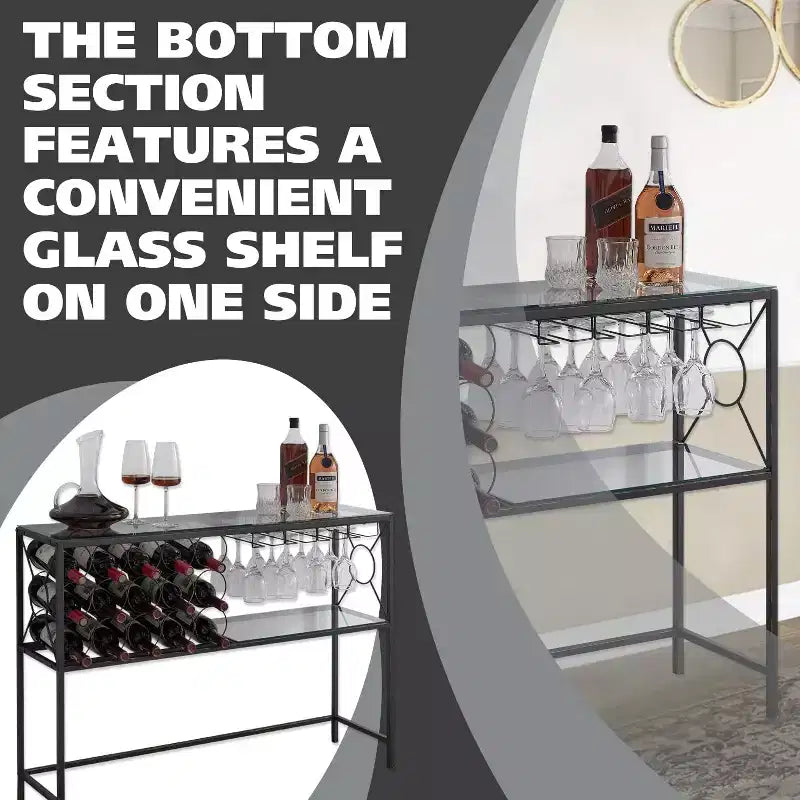 Console Sofa Table with Wine Rack Storage, Wine Bar Cabinet with Wine Shelf and Glass Holder, Bronze/Glass