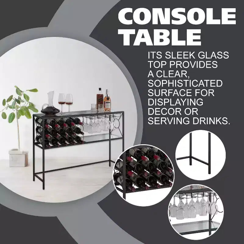 Console Sofa Table with Wine Rack Storage, Wine Bar Cabinet with Wine Shelf and Glass Holder, Bronze/Glass