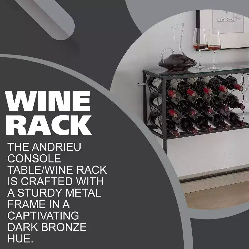 Console Sofa Table with Wine Rack Storage, Wine Bar Cabinet with Wine Shelf and Glass Holder, Bronze/Glass