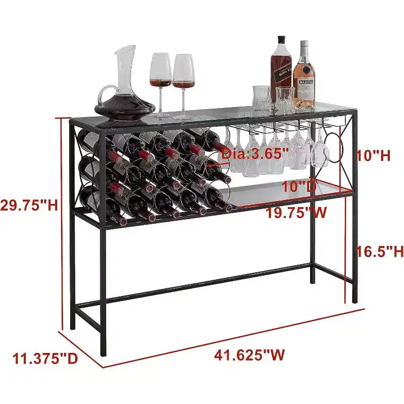 Console Sofa Table with Wine Rack Storage, Wine Bar Cabinet with Wine Shelf and Glass Holder, Bronze/Glass