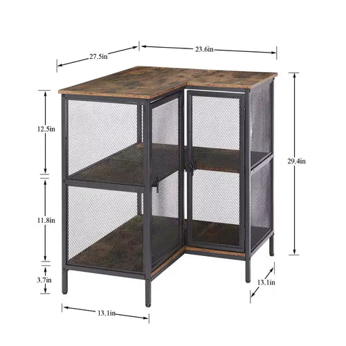 3 Tier Corner Storage Cabinet with Mesh Doors, Rustic L-Shaped Corner Shelf Unit, Small Corner Organizer Cabinet for Living Room, Home Office