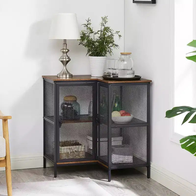 3 Tier Corner Storage Cabinet with Mesh Doors, Rustic L-Shaped Corner Shelf Unit, Small Corner Organizer Cabinet for Living Room, Home Office