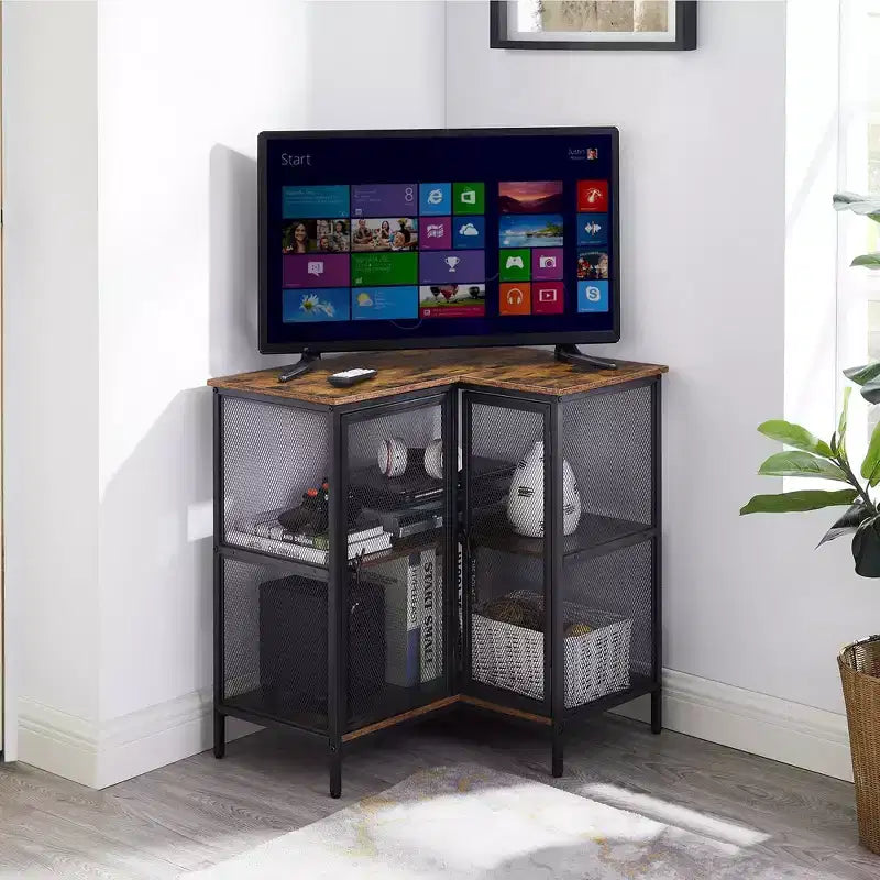3 Tier Corner Storage Cabinet with Mesh Doors, Rustic L-Shaped Corner Shelf Unit, Small Corner Organizer Cabinet for Living Room, Home Office