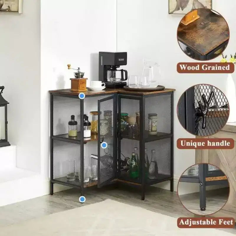 3 Tier Corner Storage Cabinet with Mesh Doors, Rustic L-Shaped Corner Shelf Unit, Small Corner Organizer Cabinet for Living Room, Home Office