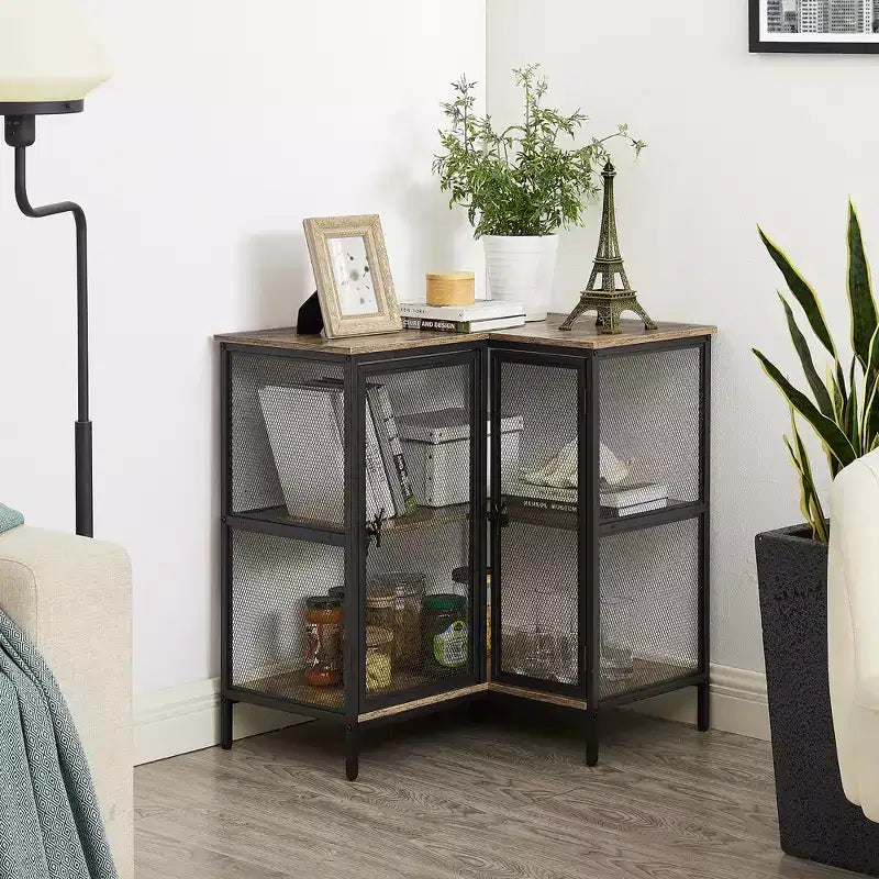 3 Tier Corner Storage Cabinet with Mesh Doors, Rustic L-Shaped Corner Shelf Unit, Small Corner Organizer Cabinet for Living Room, Home Office
