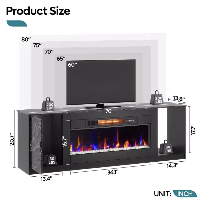 70 LED Modern Fireplace TV Stand for TVs Up to 80, PS5 Gaming TV Console Table with 36 Fireplace & Cabinet for Living Room