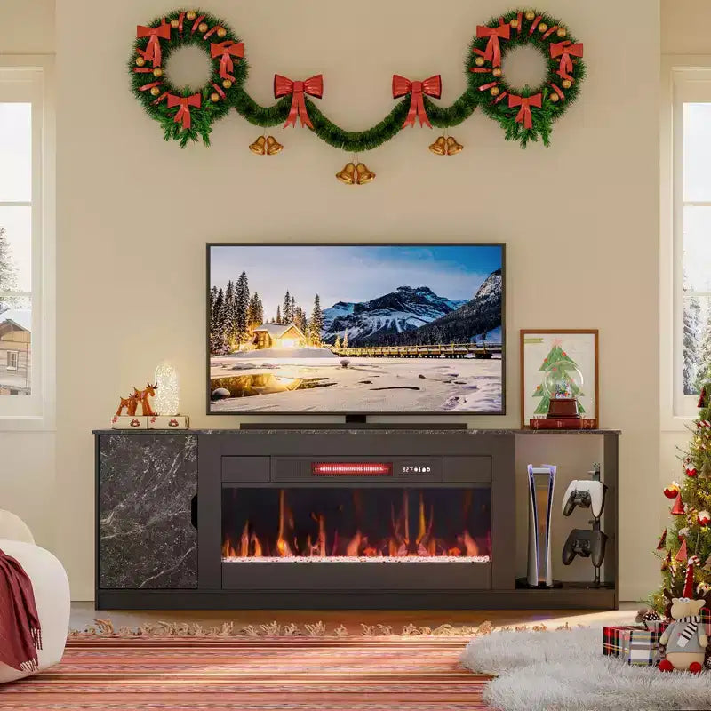 70 LED Modern Fireplace TV Stand for TVs Up to 80, PS5 Gaming TV Console Table with 36 Fireplace & Cabinet for Living Room