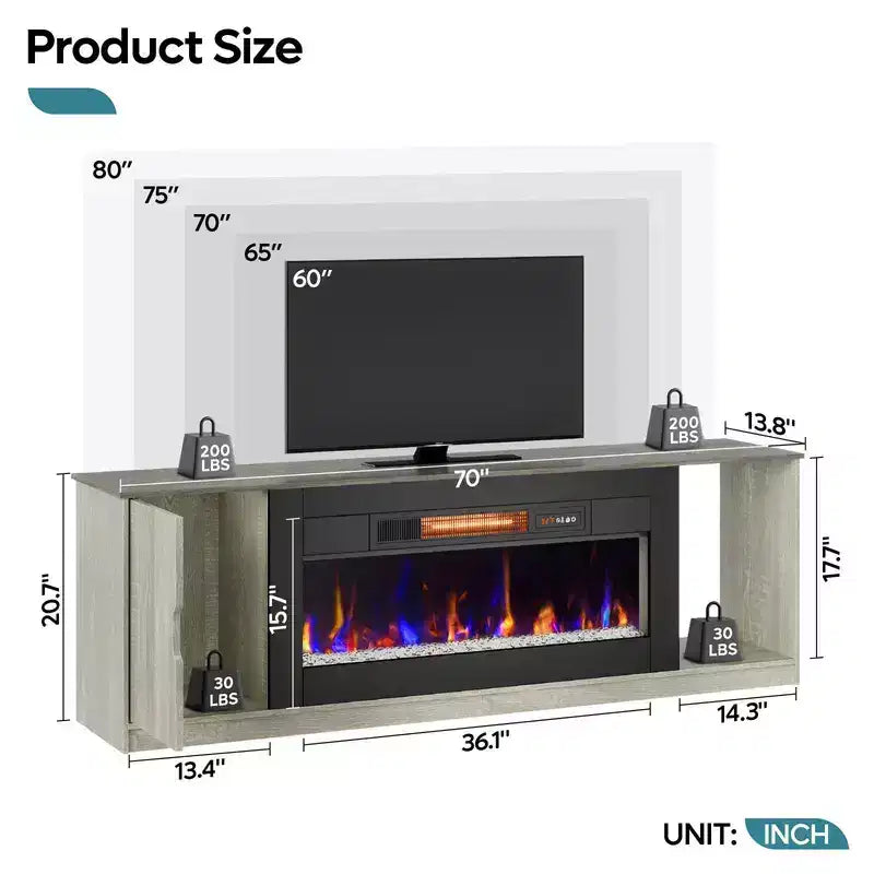 70 LED Modern Fireplace TV Stand for TVs Up to 80, PS5 Gaming TV Console Table with 36 Fireplace & Cabinet for Living Room