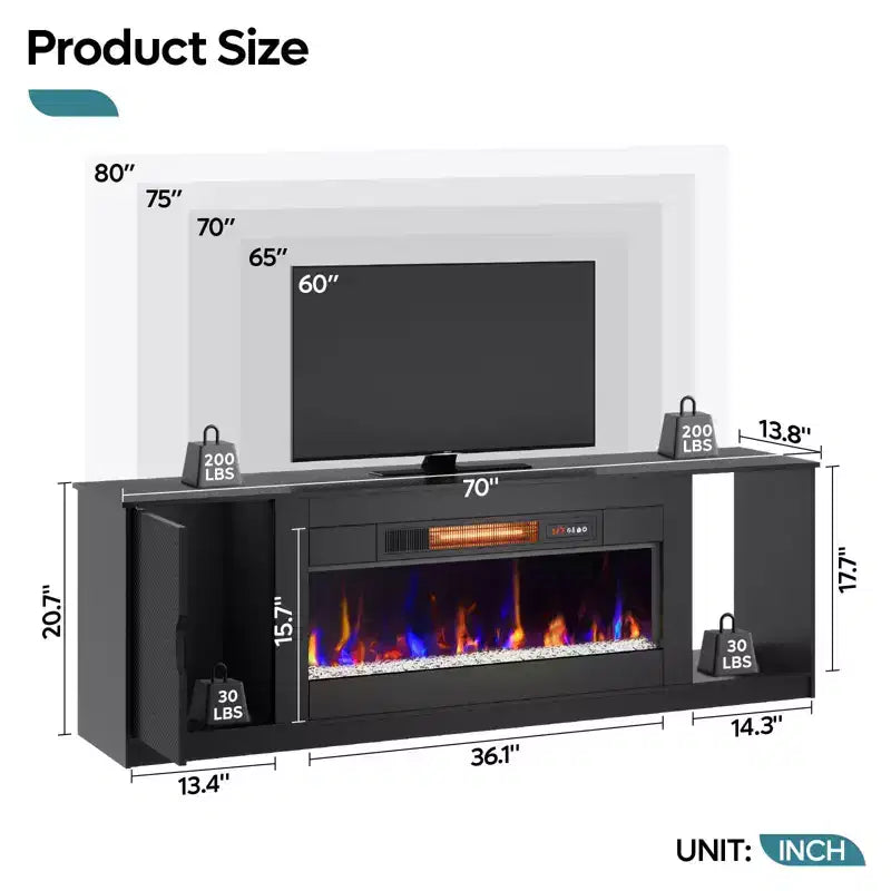 70 LED Modern Fireplace TV Stand for TVs Up to 80, PS5 Gaming TV Console Table with 36 Fireplace & Cabinet for Living Room