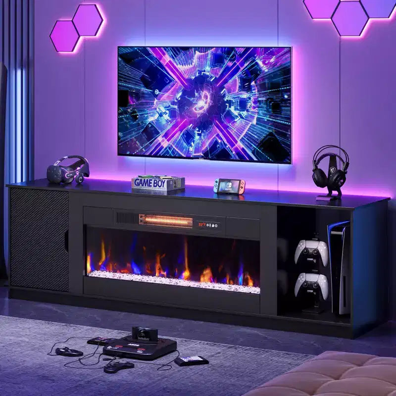 Bestier 70 LED Modern Fireplace TV Stand for TVs Up to 80, PS5 Gaming TV Console Table with 36 Fireplace & Cabinet for Living Room