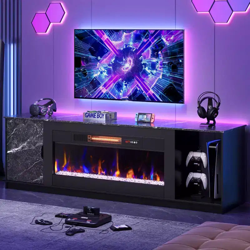 70 LED Modern Fireplace TV Stand for TVs Up to 80, PS5 Gaming TV Console Table with 36 Fireplace & Cabinet for Living Room