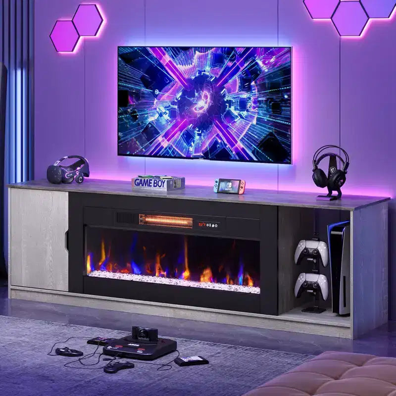 70 LED Modern Fireplace TV Stand for TVs Up to 80, PS5 Gaming TV Console Table with 36 Fireplace & Cabinet for Living Room