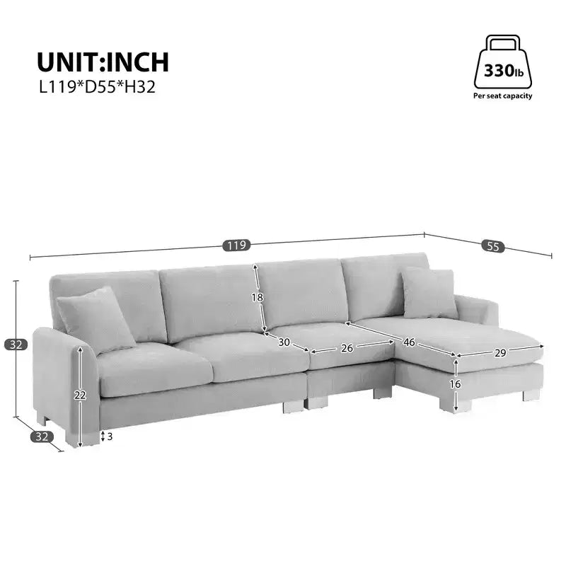 Modern Oversized Sectional Sofa, L-shaped Luxury Couch with Chaise and 2 Pillows