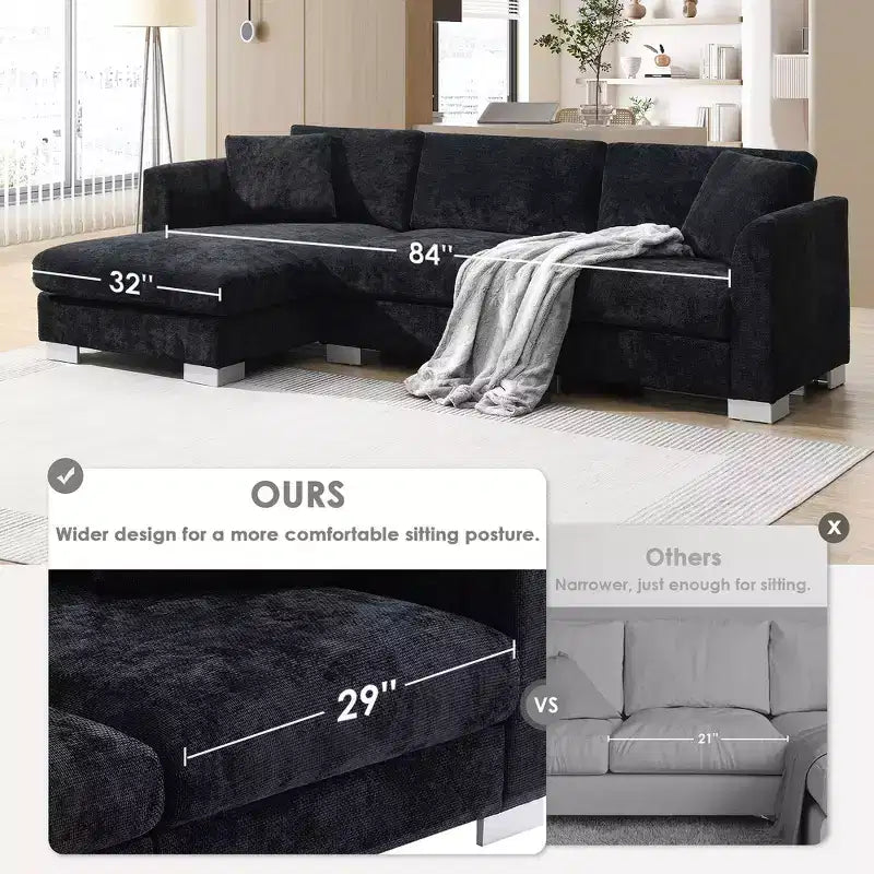 Modern Oversized Sectional Sofa, L-shaped Luxury Couch with Chaise and 2 Pillows