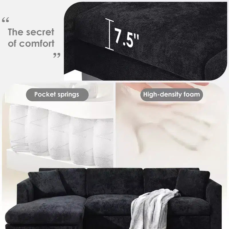 Modern Oversized Sectional Sofa, L-shaped Luxury Couch with Chaise and 2 Pillows