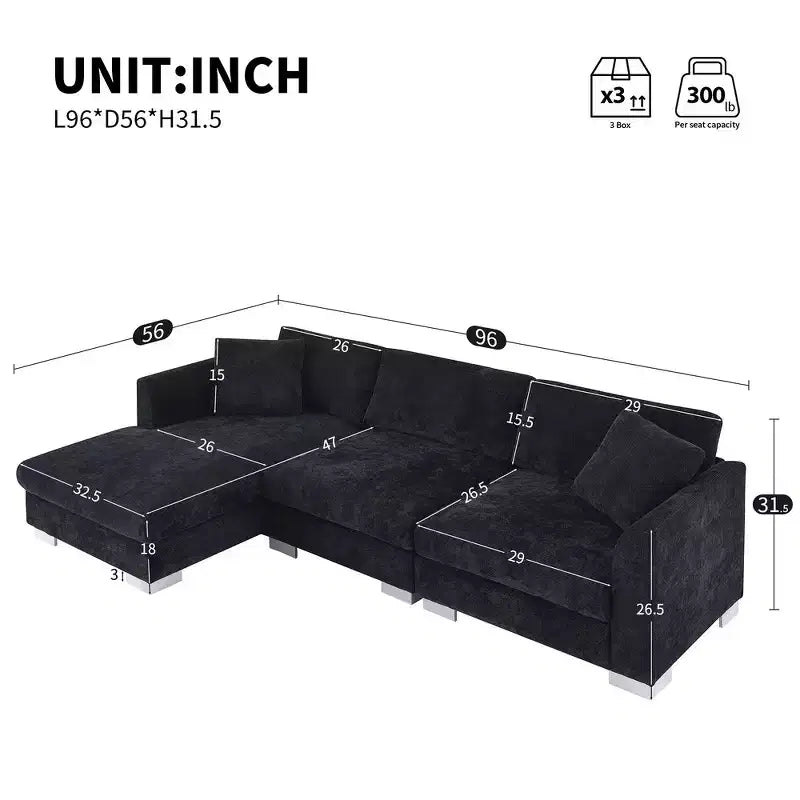 Modern Oversized Sectional Sofa, L-shaped Luxury Couch with Chaise and 2 Pillows