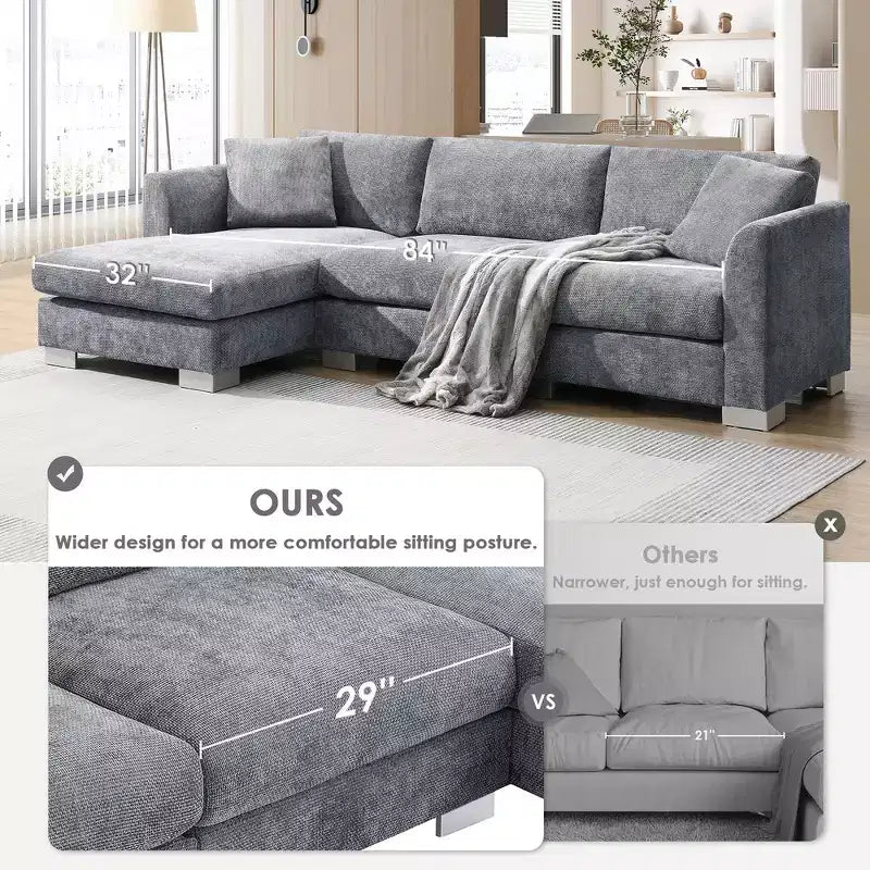 Modern Oversized Sectional Sofa, L-shaped Luxury Couch with Chaise and 2 Pillows