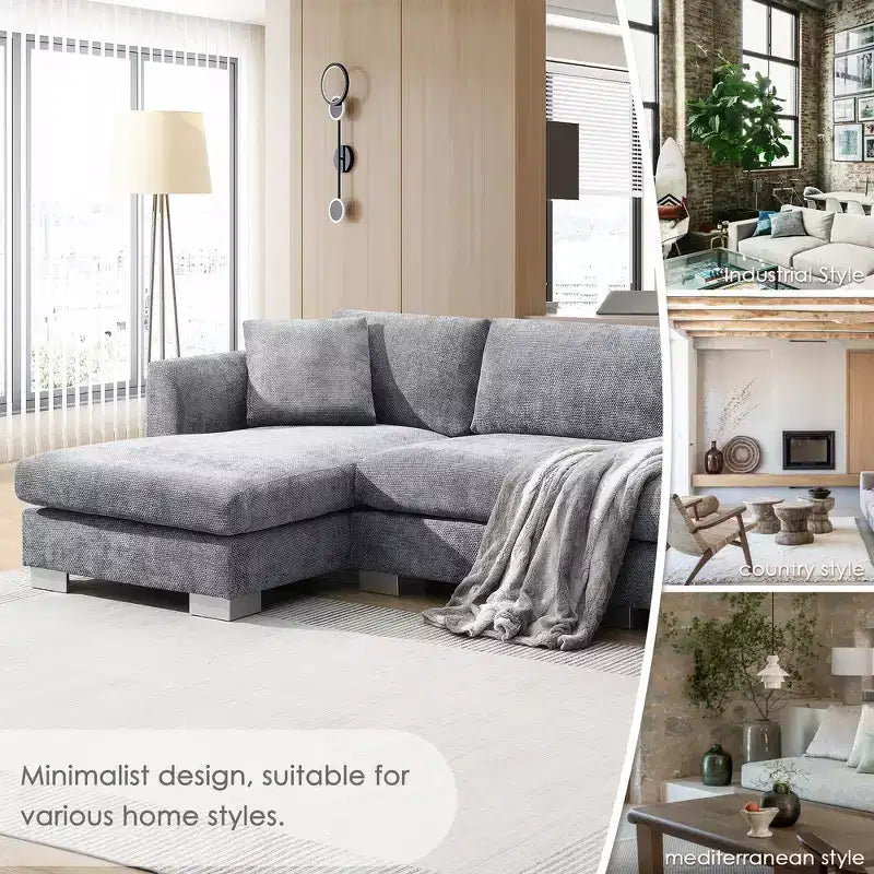 Modern Oversized Sectional Sofa, L-shaped Luxury Couch with Chaise and 2 Pillows