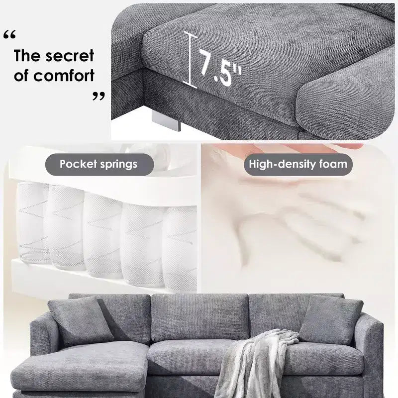 Modern Oversized Sectional Sofa, L-shaped Luxury Couch with Chaise and 2 Pillows