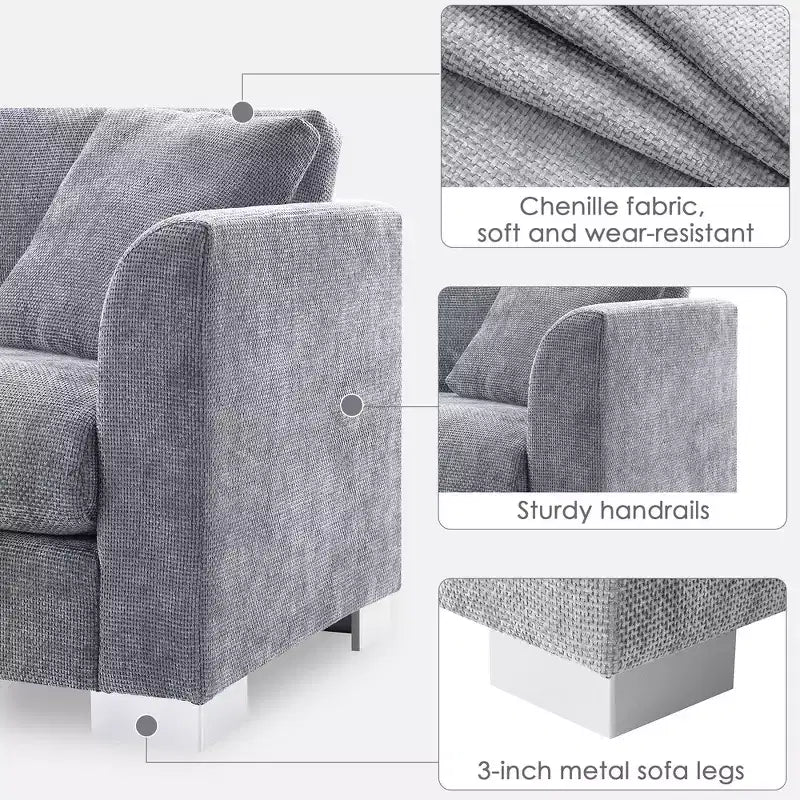 Modern Oversized Sectional Sofa, L-shaped Luxury Couch with Chaise and 2 Pillows
