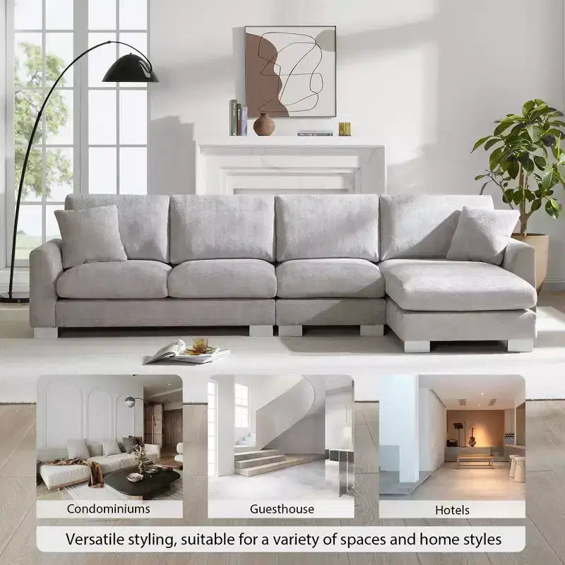 Modern Oversized Sectional Sofa, L-shaped Luxury Couch with Chaise and 2 Pillows