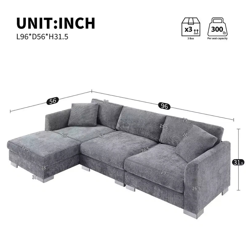 Modern Oversized Sectional Sofa, L-shaped Luxury Couch with Chaise and 2 Pillows