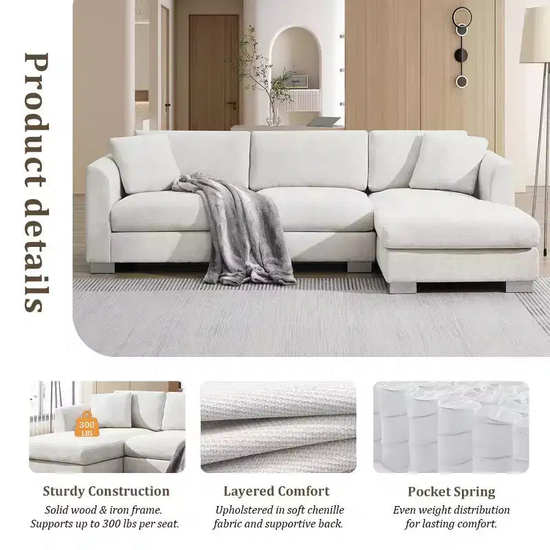 Modern Oversized Sectional Sofa, L-shaped Luxury Couch with Chaise and 2 Pillows